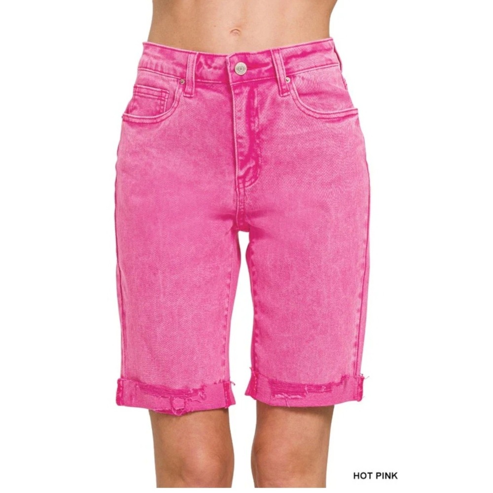 Zenana Acid Wash Dyed Bermuda Distressed Shorts DMP-1892Y Hot Pink‎ Small
